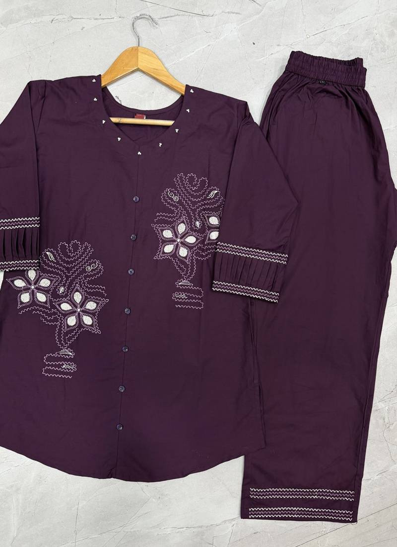 Wine cotton kurti pant set