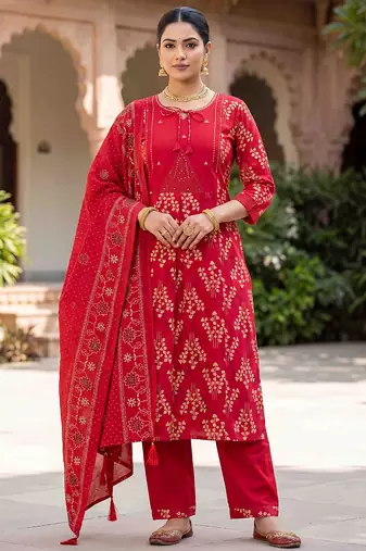 red cotton kurti pant dupatta set