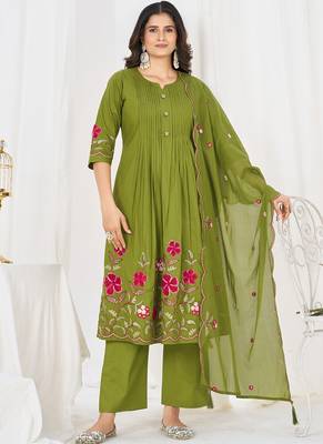 green cotton anarkali kurti pant dupatta set 4