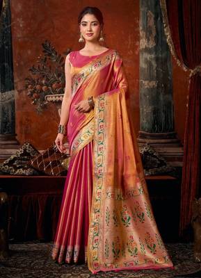 Rani pink premium tissue silk blend saree with tassels & blouse piece 1