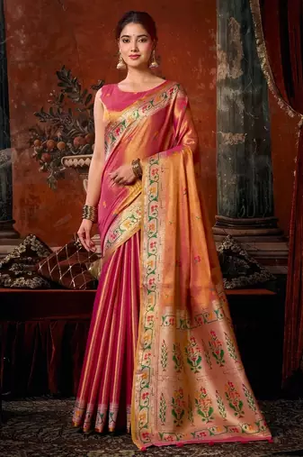 Rani pink premium tissue silk blend saree with tassels & blouse piece