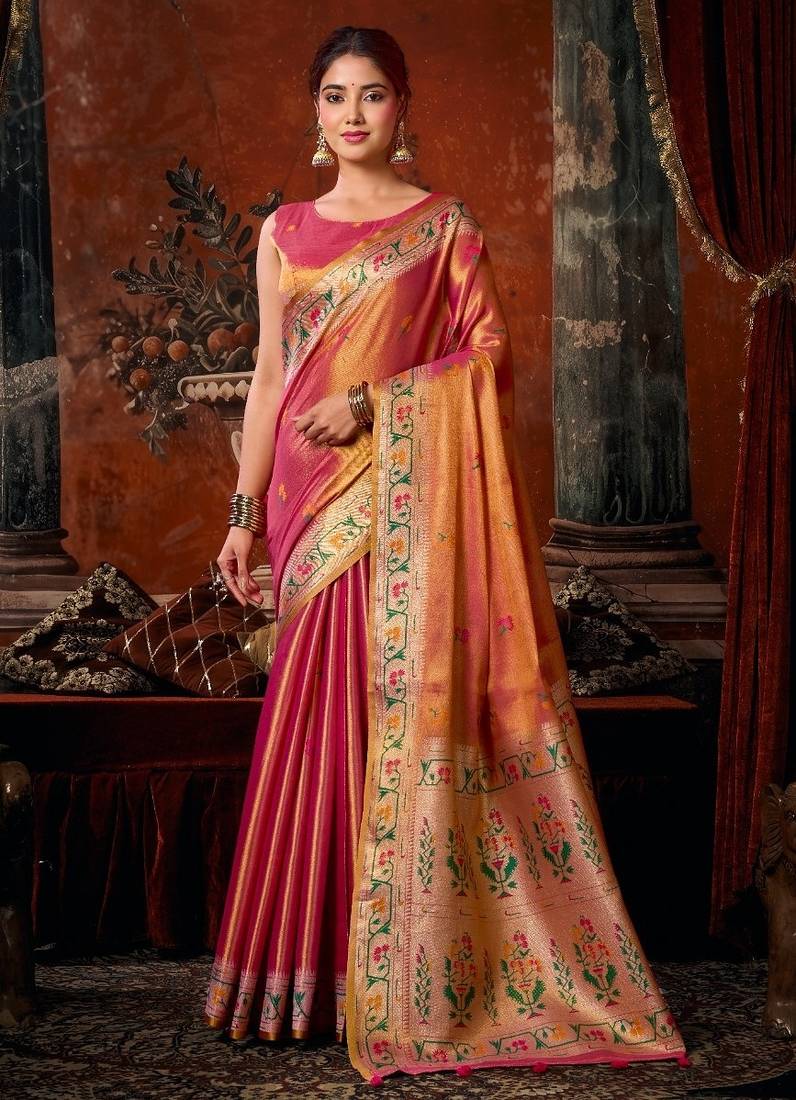 Rani pink premium tissue silk blend saree with tassels & blouse piece