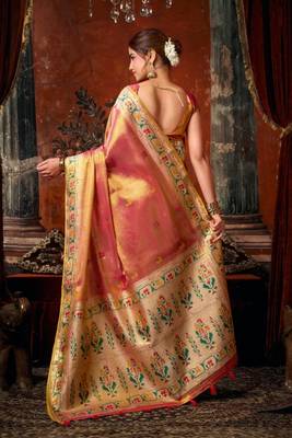Rani pink premium tissue silk blend saree with tassels & blouse piece 2