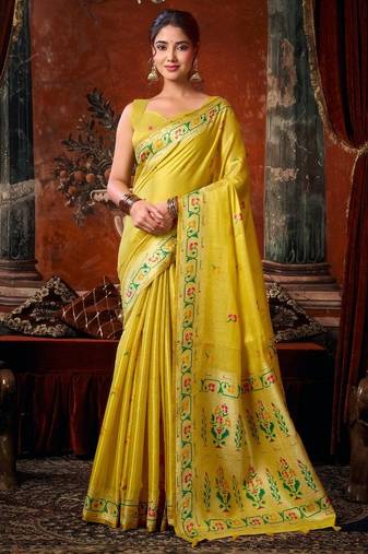 Yellow premium tissue silk blend saree with tassels & blouse piece