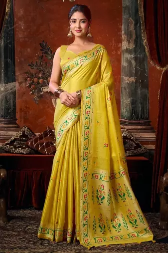Yellow premium tissue silk blend saree with tassels & blouse piece