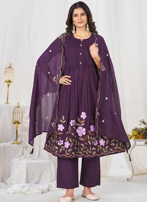 purple cotton anarkali kurti pant dupatta set 3
