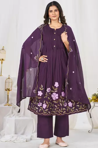 purple cotton anarkali kurti pant dupatta set