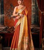 Orange premium tissue silk blend saree with tassels & blouse piece