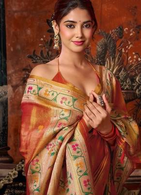 Orange premium tissue silk blend saree with tassels & blouse piece 3