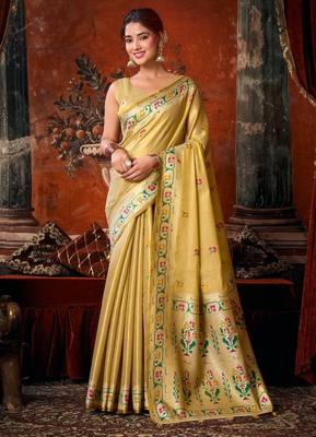 Beige premium tissue silk blend saree with tassels & blouse piece 1