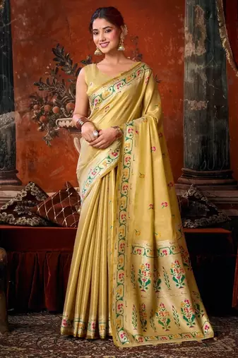 Beige premium tissue silk blend saree with tassels & blouse piece