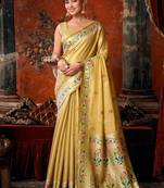 Beige premium tissue silk blend saree with tassels & blouse piece