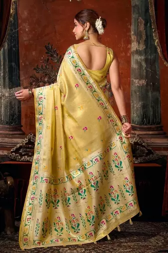 Beige premium tissue silk blend saree with tassels & blouse piece