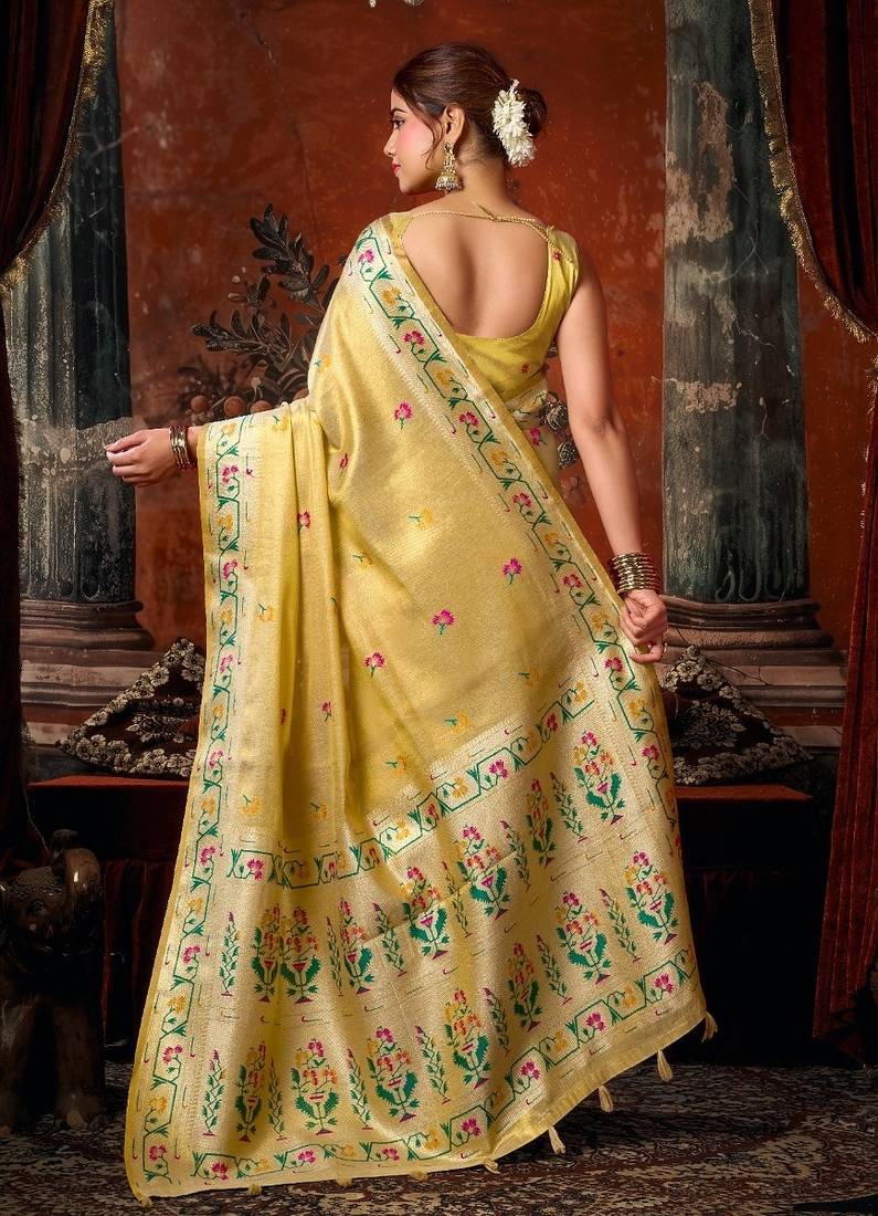 Beige premium tissue silk blend saree with tassels & blouse piece