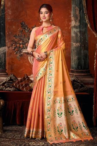 Peach premium tissue silk blend saree with tassels & blouse piece