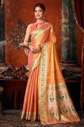 Peach premium tissue silk blend saree with tassels & blouse piece