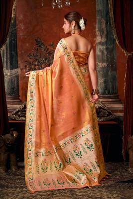 Peach premium tissue silk blend saree with tassels & blouse piece 2