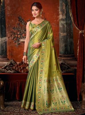 Olive premium tissue silk blend saree with tassels & blouse piece 1