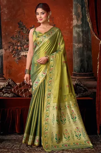 Olive premium tissue silk blend saree with tassels & blouse piece