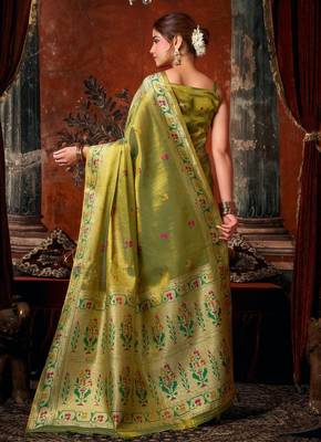 Olive premium tissue silk blend saree with tassels & blouse piece 2
