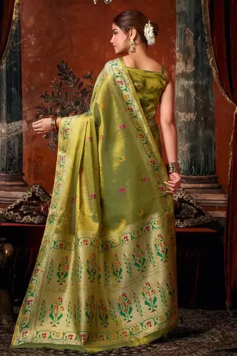 Olive premium tissue silk blend saree with tassels & blouse piece