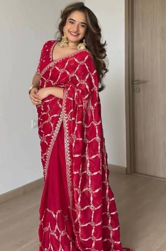 Rani pink fendy silk blend saree with unstitched blouse