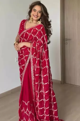 Rani pink fendy silk blend saree with unstitched blouse