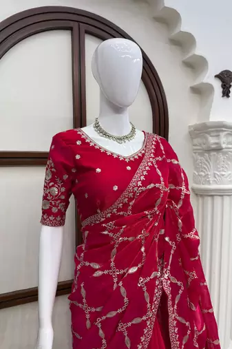 Rani pink fendy silk blend saree with unstitched blouse