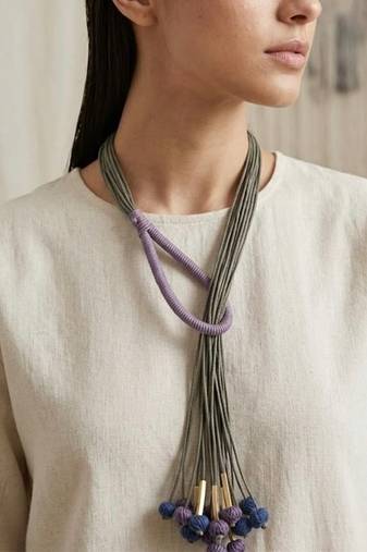 Gold plated multi strand purple cords necklace