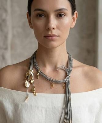 Grey metallic multi strand cords necklace 1
