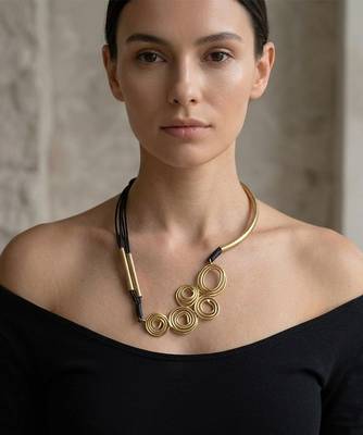 Gold plated black cords spiral cluster necklace 1