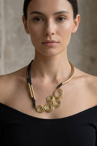 Gold plated black cords spiral cluster necklace