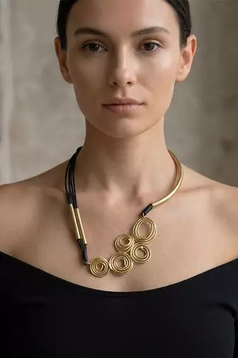 Gold plated black cords spiral cluster necklace