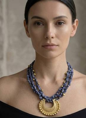 Denim blue textured crescent pendant necklace 1