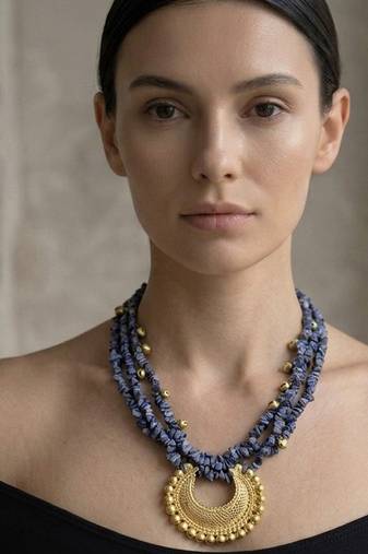 Denim blue textured crescent pendant necklace