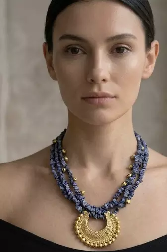 Denim blue textured crescent pendant necklace