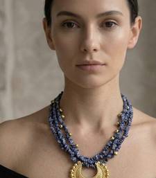 Denim blue textured crescent pendant necklace