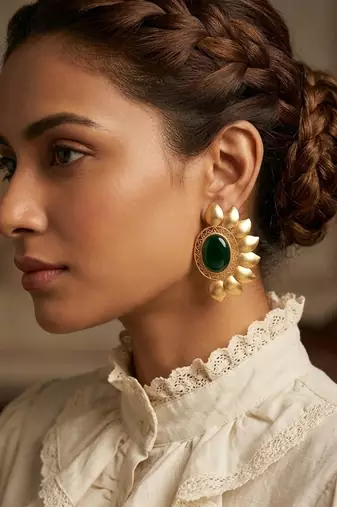 Gold plated emerald green stone coiled wave earrings