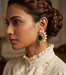 Gold plated emerald green stone coiled wave earrings