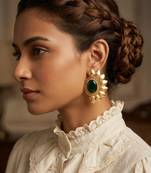Gold plated emerald green stone coiled wave earrings