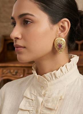 Gold plated ruby red stone teardrop earrings 1
