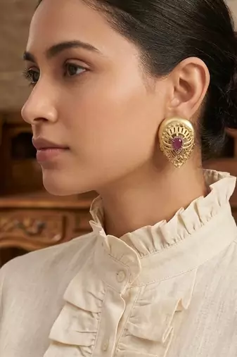 Gold plated ruby red stone teardrop earrings
