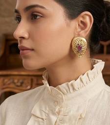 Gold plated ruby red stone teardrop earrings