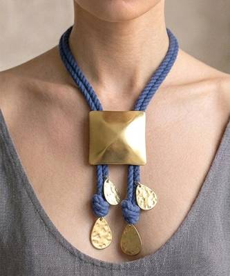 Gold plated blue rope pyramid bolo necklace 1