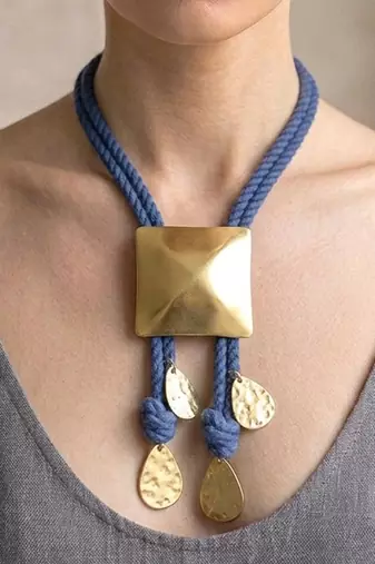 Gold plated blue rope pyramid bolo necklace