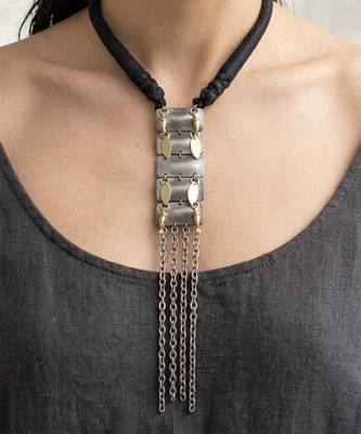 Silver metallic black cord chainfall necklace 1
