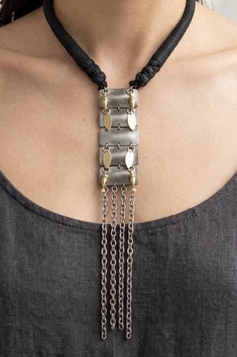 Silver metallic black cord chainfall necklace