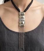 Silver metallic black cord chainfall necklace