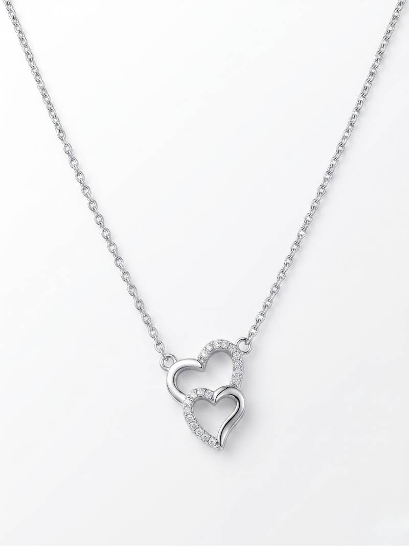 925 Sterling Silver Double Heart Pendant Necklace set  for Women