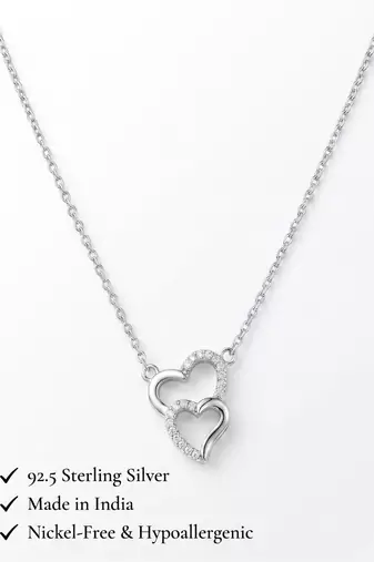 925 Sterling Silver Double Heart Pendant Necklace set  for Women